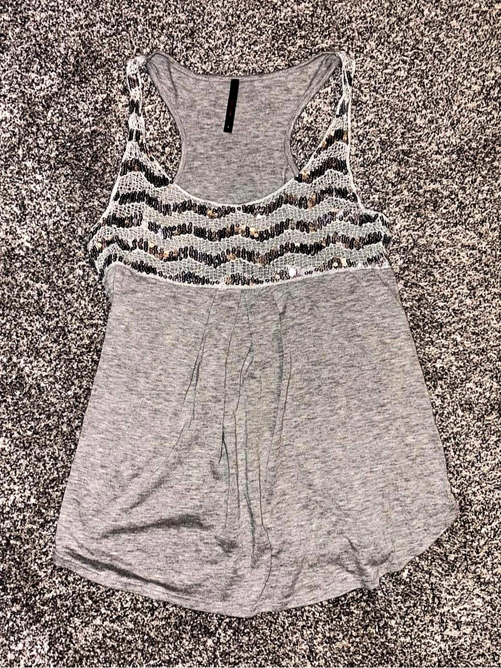 Y2K Grey Tank Top with Sequins and Mesh Design